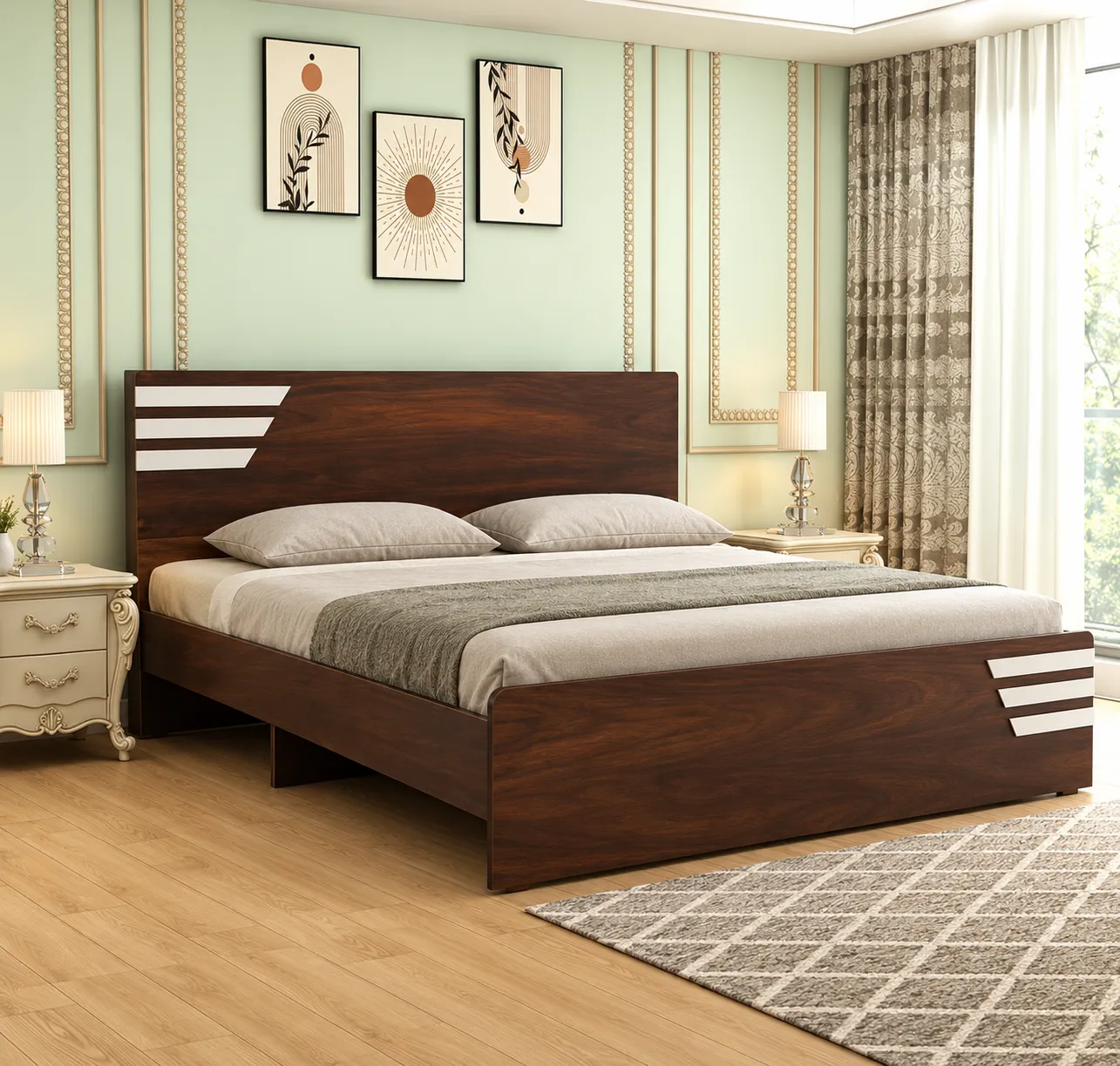 Walnut Platform Bed in Elegant Mint Bedroom (1)